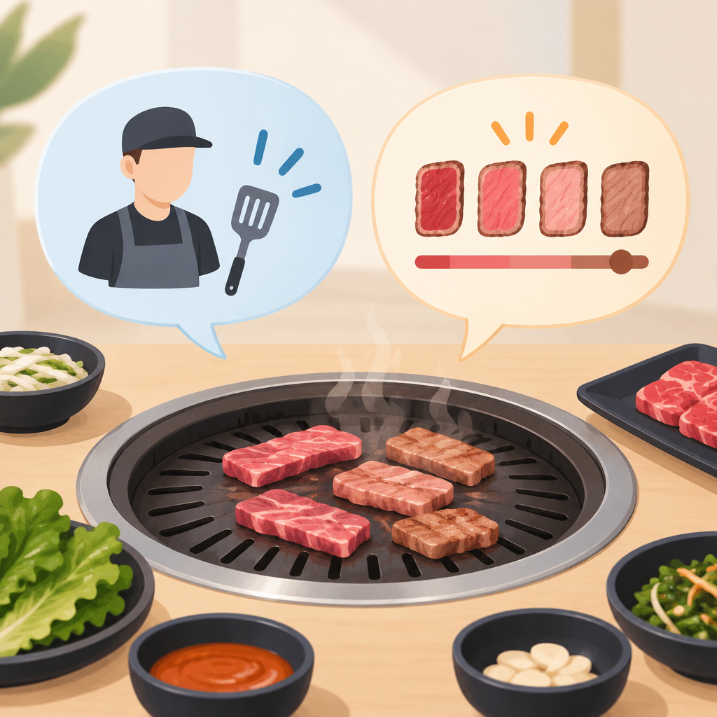AI 생성 설명 이미지: 안산일동맛집 유니드정육식당 | 직원에게 굽기 부탁과 익힘 정도 요청은 어떻게 다를까?