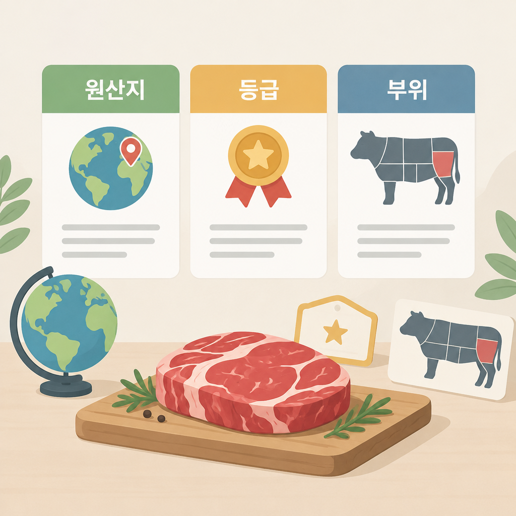 AI 생성 설명 이미지: 안산일동고기집 유니드정육식당 | 원산지·등급·부위 표기, 각각 무엇을 알려줄까?